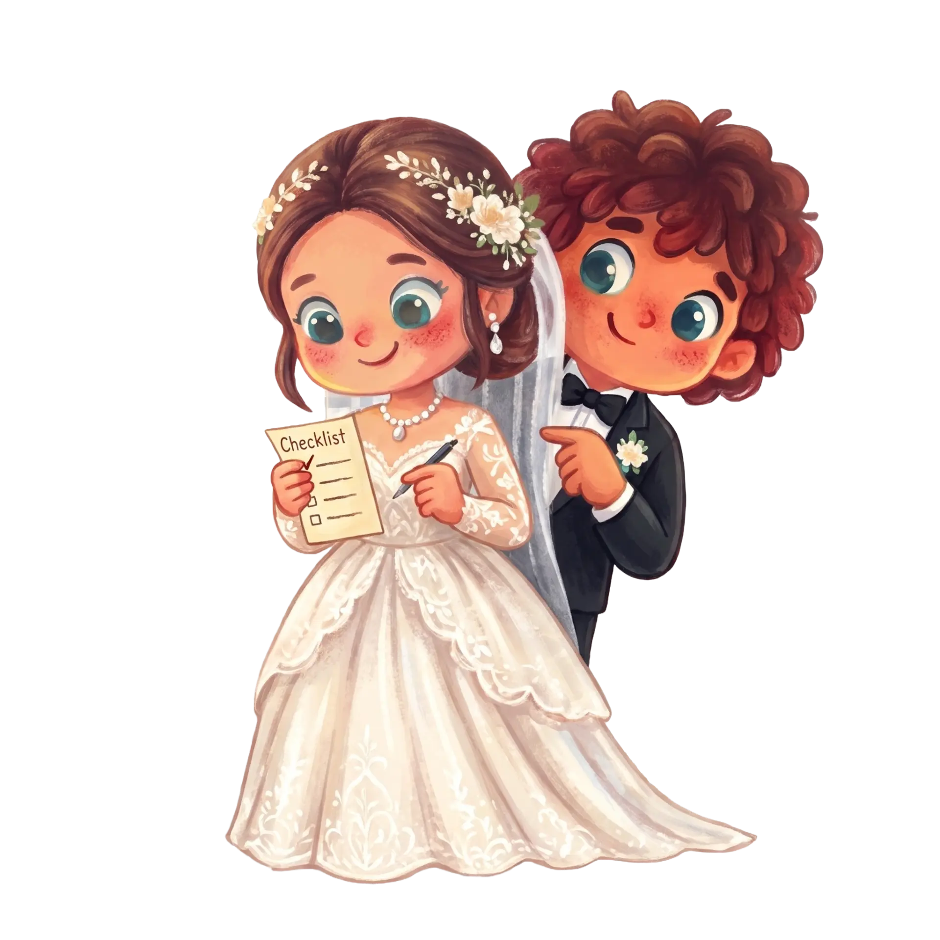 Bride holding a checklist while the groom points at it