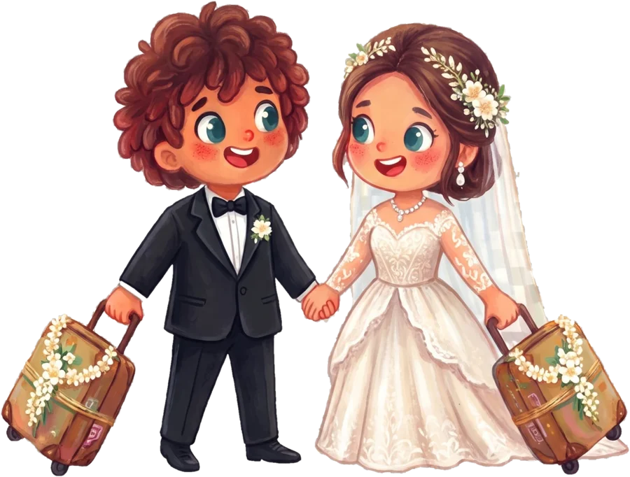Bride and groom pulling suitcases