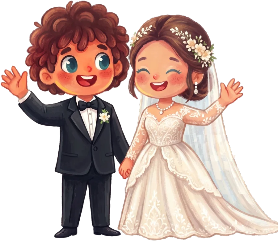 Cartoon bride and groom waving and holding hands