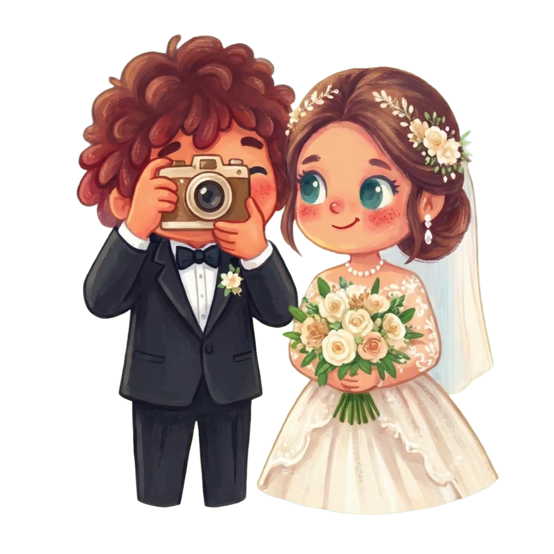 Groom holding a camera next to the bride with a bouquet