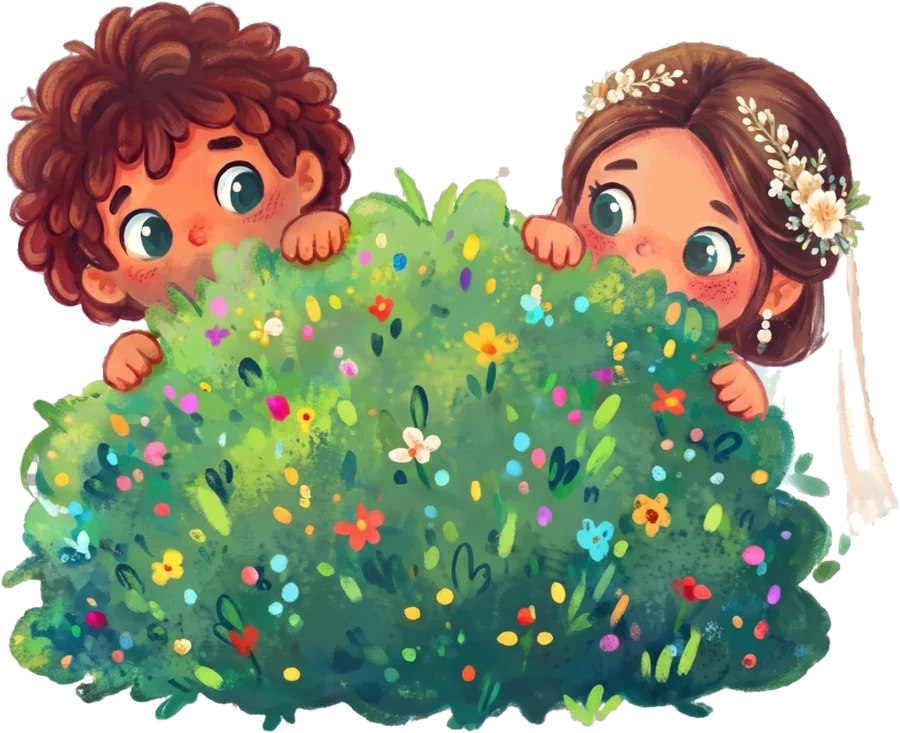 Bride and groom peeking over a flowering bush